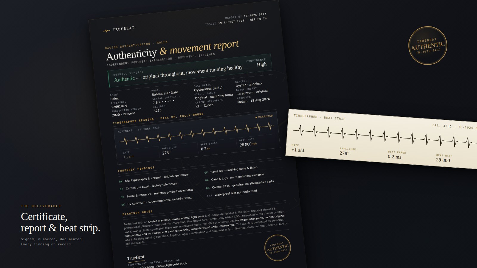 TrueBeat certificate, report and beat strip