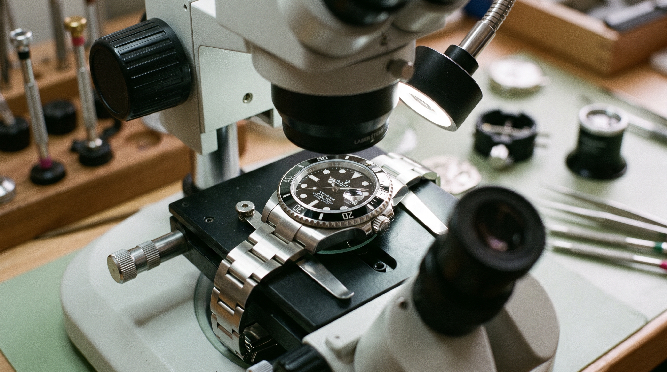 Microscope inspection of a Rolex dial and case